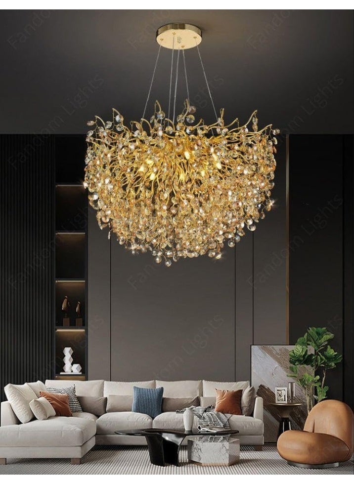 المفتاحة ثريا شجرة ذهبية كريستالية بقطر 800 مم مزودة بإضاءة LED - ثريا دائرية فاخرة لغرفة المعيشة، غرفة الطعام، غرفة النوم، وفوق الطاولة - مصباح سقف معلق عصري مزخرف - Image 1